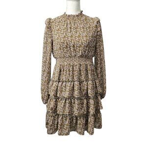 In Loom Floral Bohemian Ruffled Tiered Semi Sheer Long Sleeve Olive Mini Dress